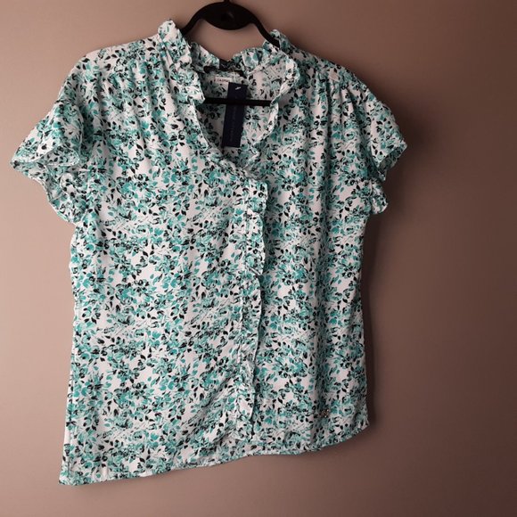 Adrienne Vittadini Short Sleeve Floral Blouse | White Turquoise Black | New! S/M - Picture 4 of 14